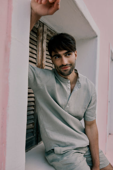 Mens Mandarin Short Shirt | Pistachio