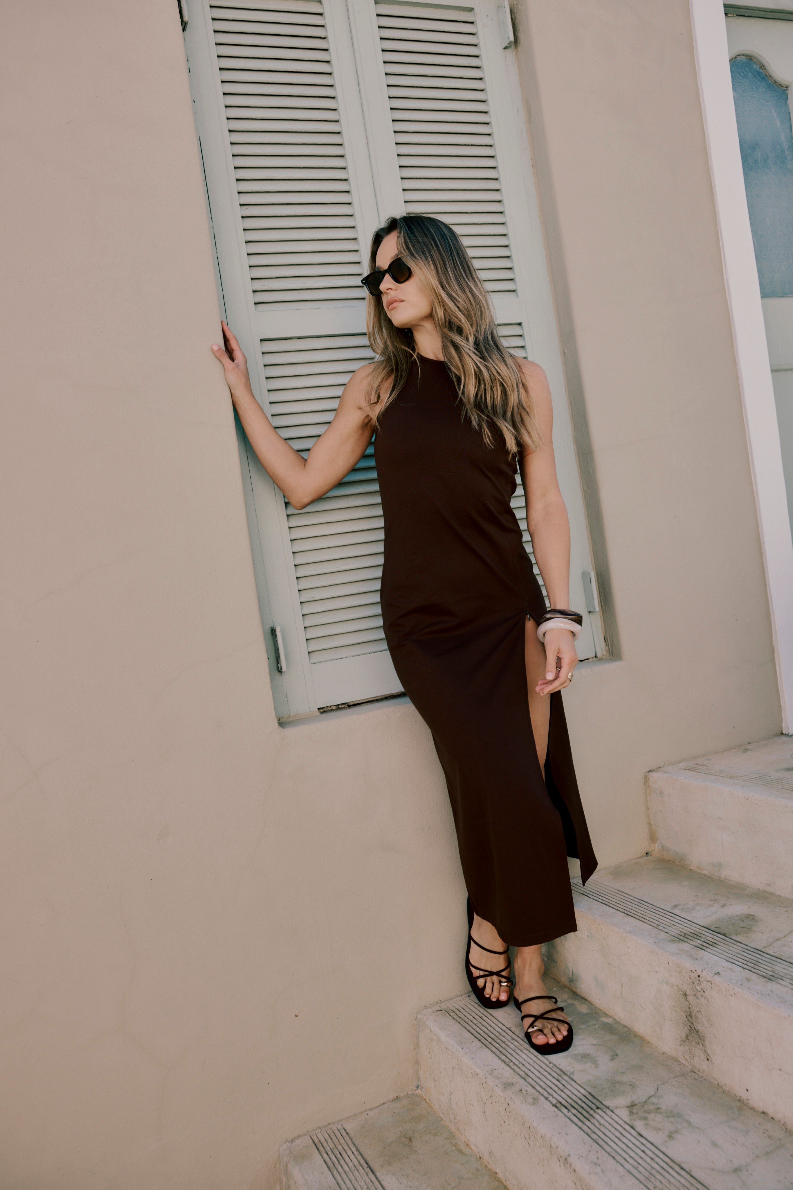 Racer Shape Fitted Dress - Front slit that has an adjustable height by an invisible zip - Chocolate 75% Rayon 20% Nylon 5% Spandex, Venus Dress