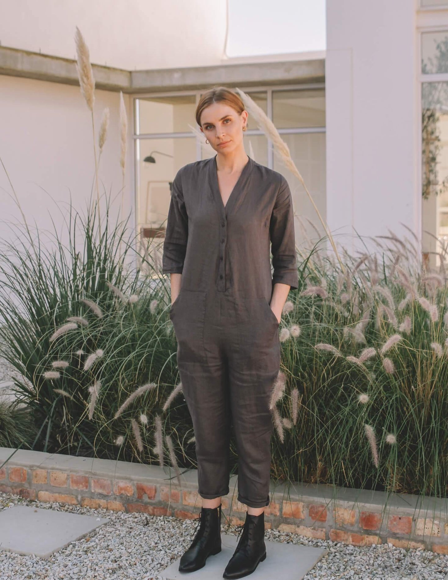  Locally made 100 % Linen Overalls. Charcoal  