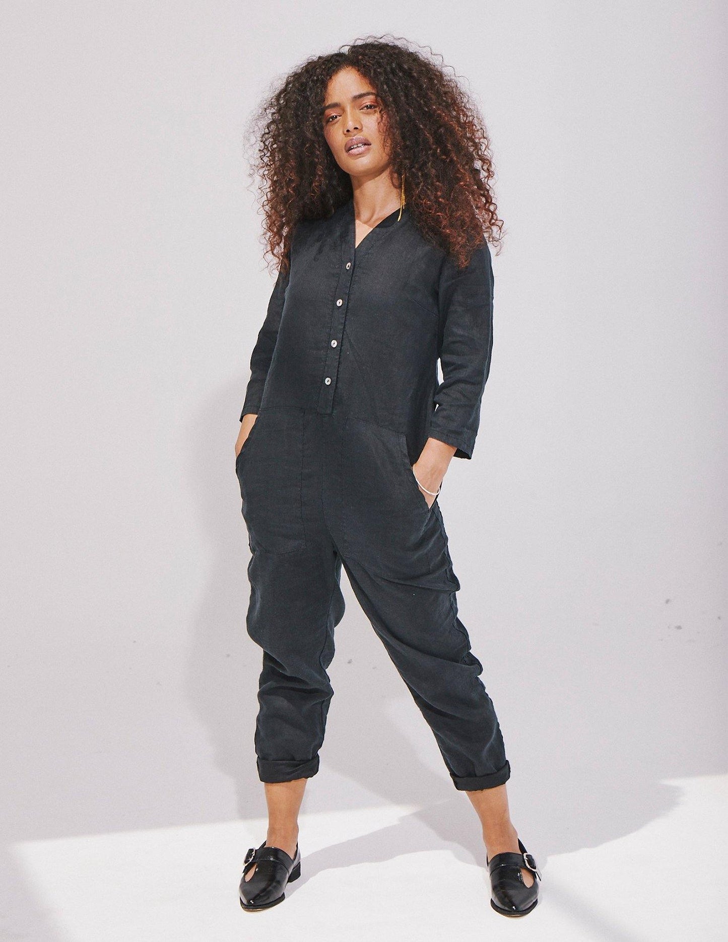  Locally made 100 % Linen Overalls, one-piece . Black 