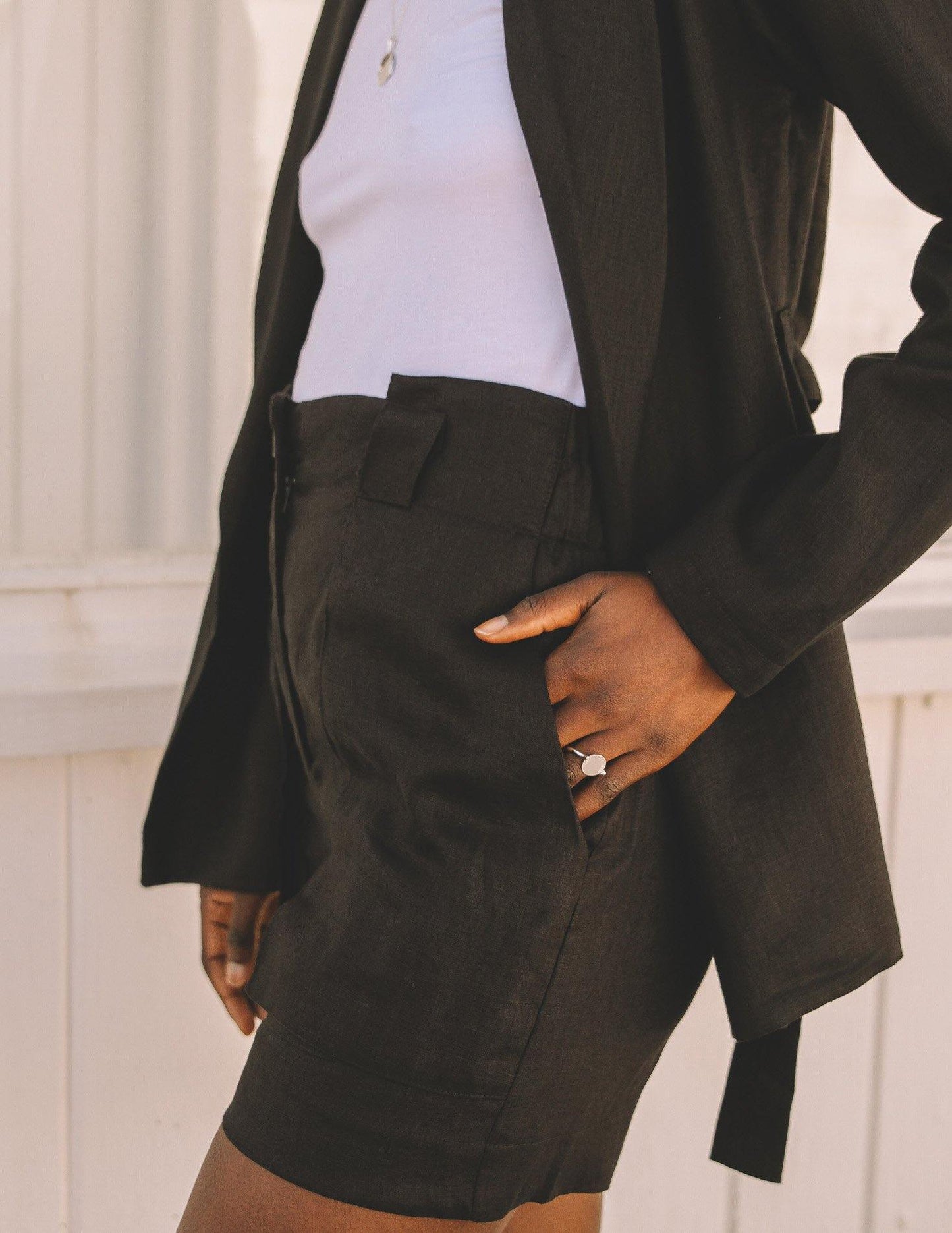 Black paper bag styled Linen shorts - Pocket detail